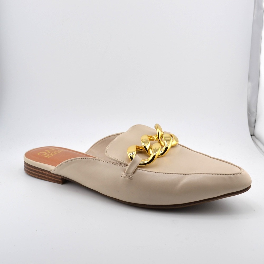 Madden NYC Chain Link Mules Women 8.5 Beige Gold Chain Detail Slides Chunky Flat
